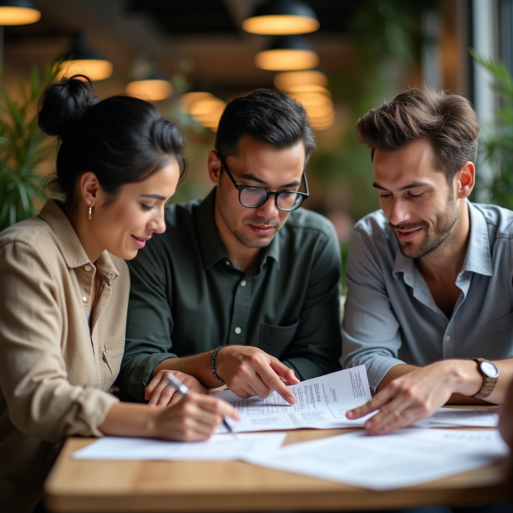 Team members collaborating around a table with documents and notes