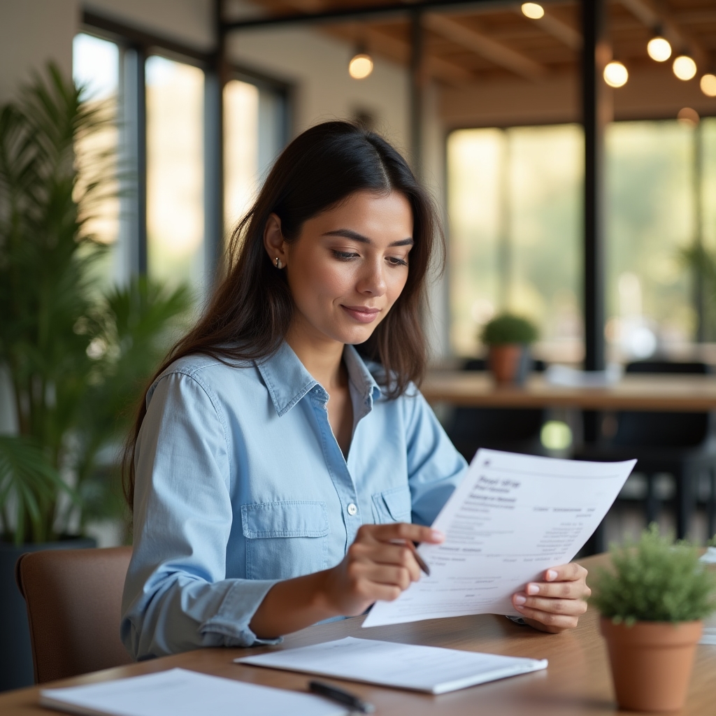 Worker reviewing their pay slip at a desk in Ecuador