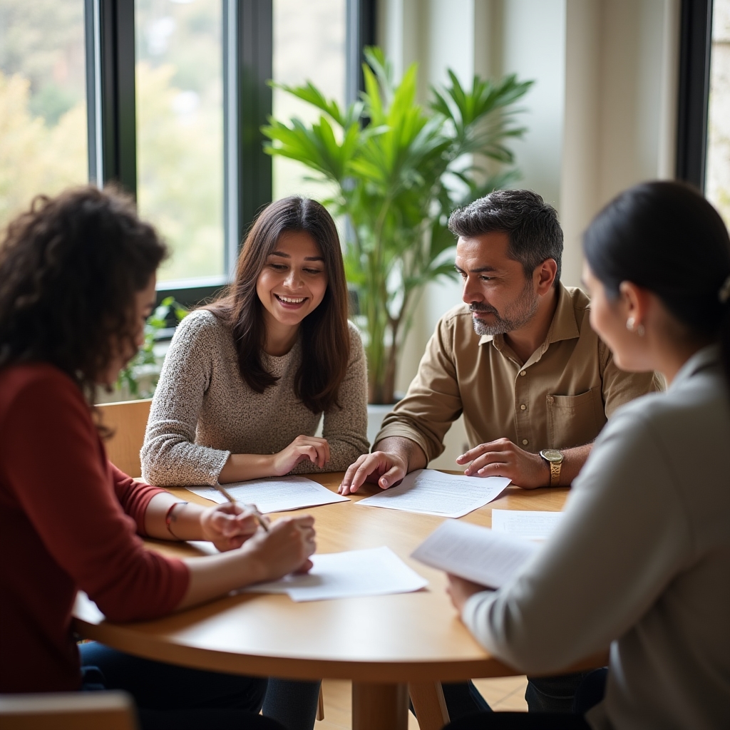 Small group workshop session with participants reviewing printed materials